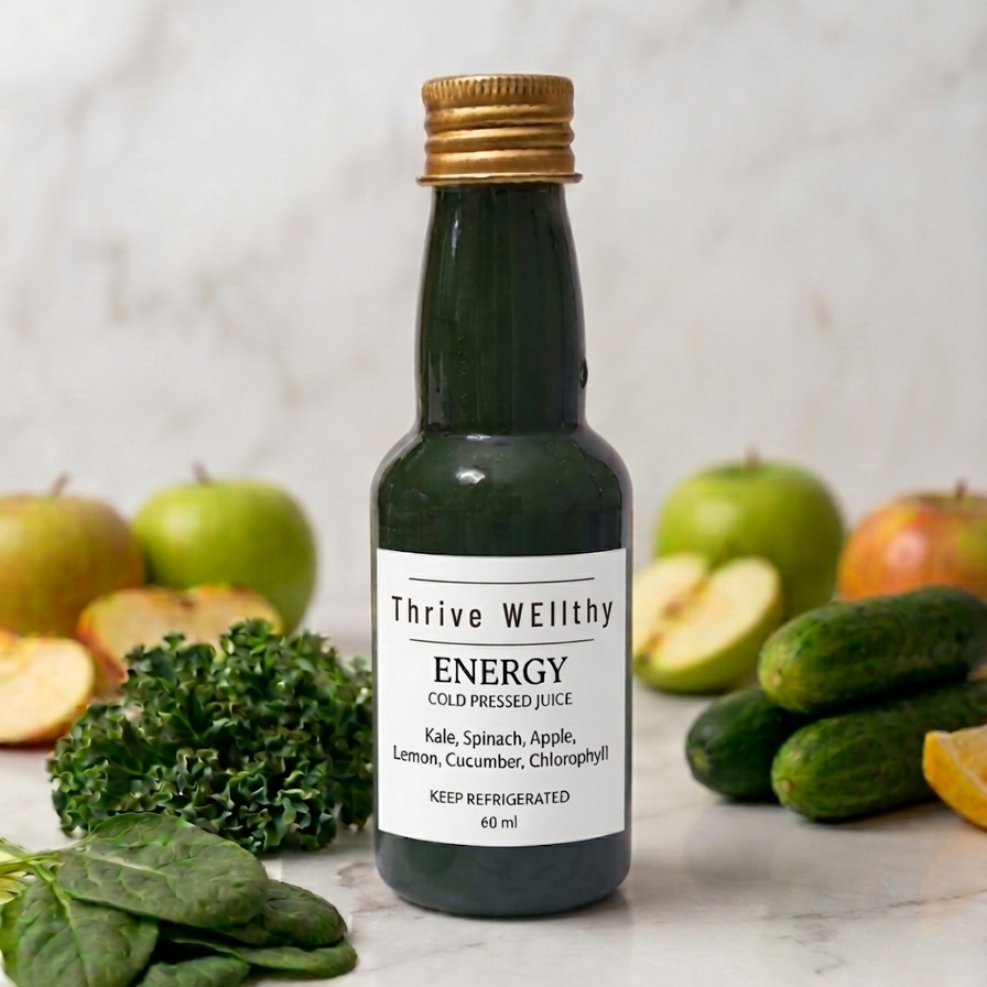 Bottle of Thrive Wellthy Energy Cold Pressed Juice with fruits and vegetables on a marble surface